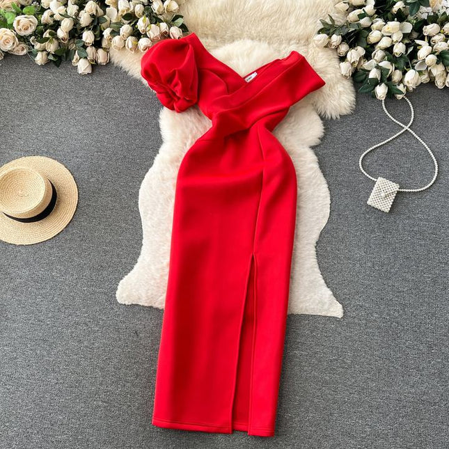 Haute Party Women Summer French Slant Neck Strapless High Waist Banquet Long Dresses
