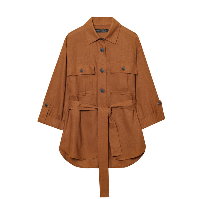 2 Colorway Turn Down Collar Sashes Long Sleeve Solid Color Buttons up Casual Fashion Tops Blouse for Women