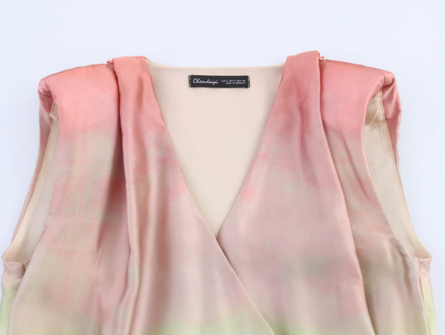 V Neck Green pink Color Sashes Hot Sale Casual Fashion Silky Tops Blouse for Women
