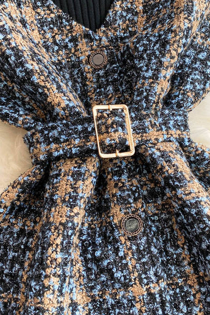 Outono Inverno Malha Top De Lã Elegante Moda Checkered Halter Vestido Conjunto De Duas Peças