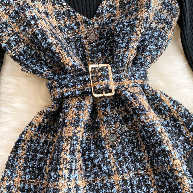 Outono Inverno Malha Top De Lã Elegante Moda Checkered Halter Vestido Conjunto De Duas Peças