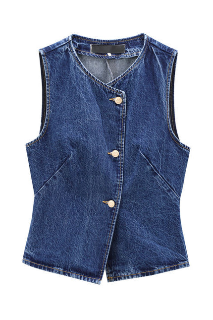 V Neck Denim Blue Color Buttons up Hot Sale Casual Fashion Vest Waistcoat for Women