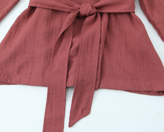 Notched Collar Red Color Long Sleeve Sashes Casual Fashion Kimono Jacket for Women