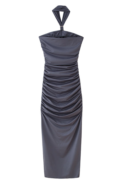 Gray Color Pleated Back Hollow Out Sleeveless Casual Fashion Long Dress for Women