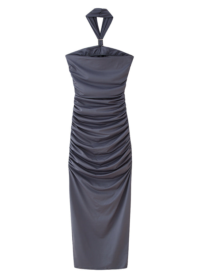 Gray Color Pleated Back Hollow Out Sleeveless Casual Fashion Long Dress for Women