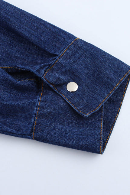 Turn Down Collar Long Sleeve Denim Blue Color Buttons up Casual Fashion Jeans Tops Blouse for Women