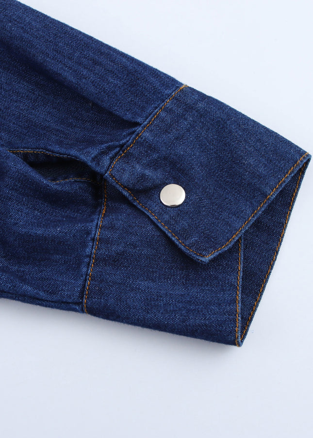 Turn Down Collar Long Sleeve Denim Blue Color Buttons up Casual Fashion Jeans Tops Blouse for Women