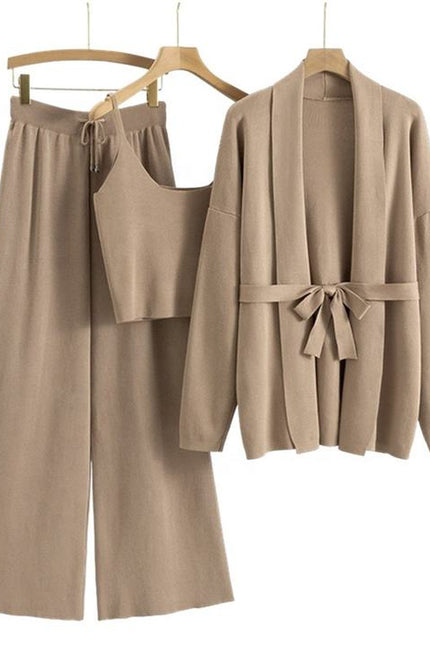 Loose Casual Fashion Suit Women'S Fall and Winter Knitted Cardigan Jacket Suspenders Wide Leg Pants Three-Piece Set