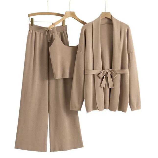 Loose Casual Fashion Suit Women'S Fall and Winter Knitted Cardigan Jacket Suspenders Wide Leg Pants Three-Piece Set