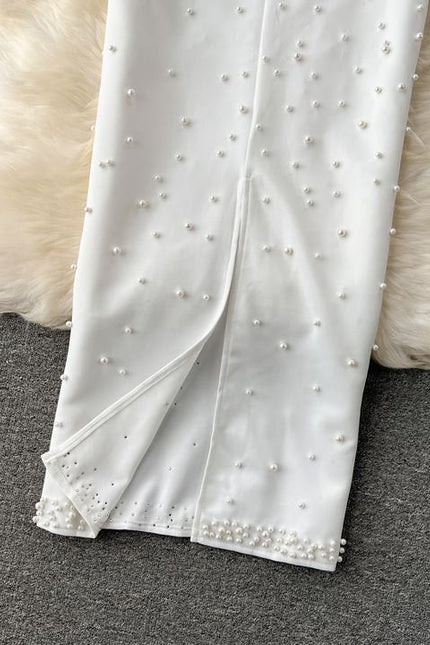 White Black Long Sleeve Strapless Beaded Gowns Women's Party Dresses