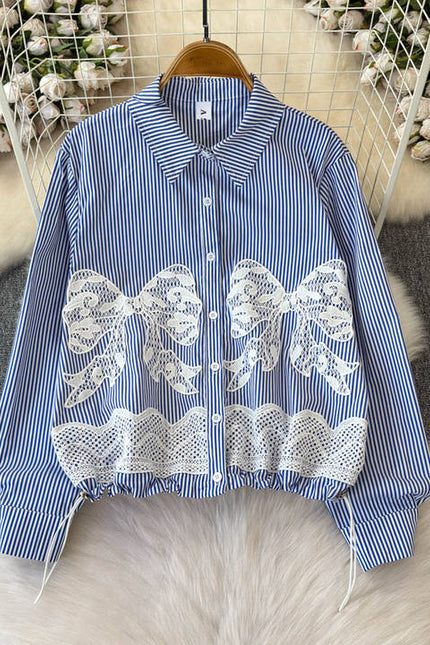 2025 Spring Autumn Simple Style Lace Bow Stripe Long Sleeve Shirt Women's Design Top