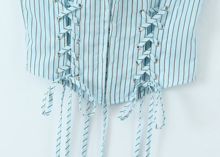 Spaghetti Strap Striped Print Front Lace up Hot Sale Casual Fashion Women's Crop tank Tops