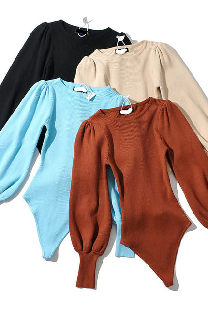 Four Colorway Puff Long Sleeve Knitted Fashion Stretchy Bodycon Casual Bodysuit for Women