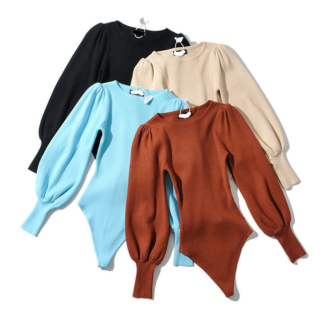 Four Colorway Puff Long Sleeve Knitted Fashion Stretchy Bodycon Casual Bodysuit for Women