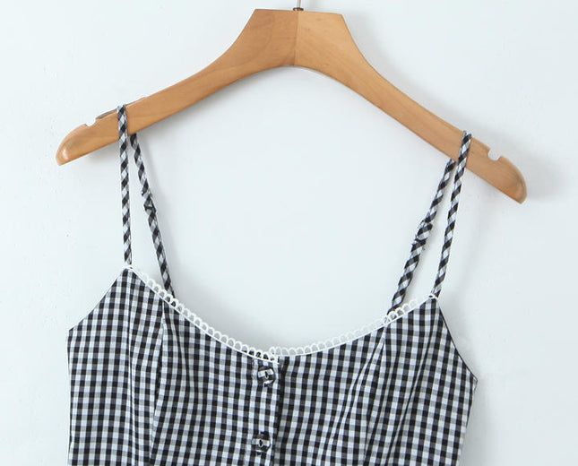 2 Colorway Spaghetti Strap Plaid Pattern Buttons up Casual Fashion Cotton Mini slip Dress for Women