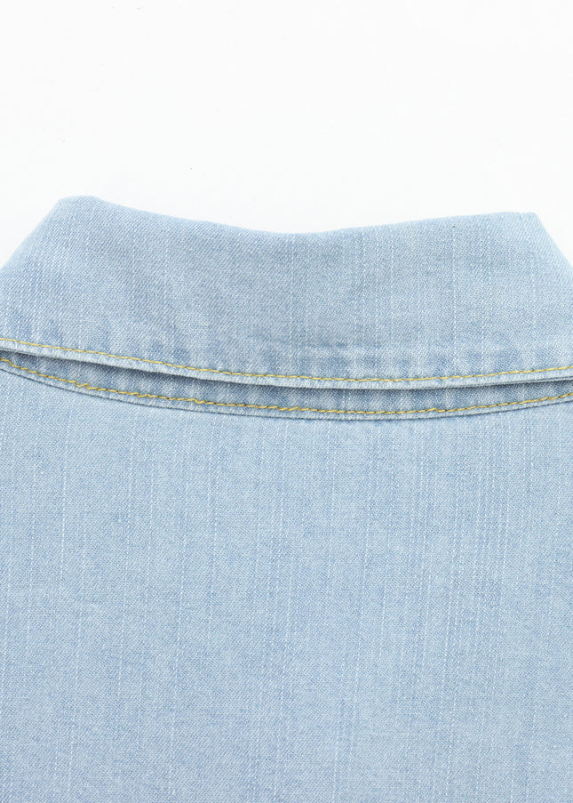 Turn Down Collar Long Sleeve Denim Blue Color Buttons up Casual Fashion Jeans Tops Blouse for Women