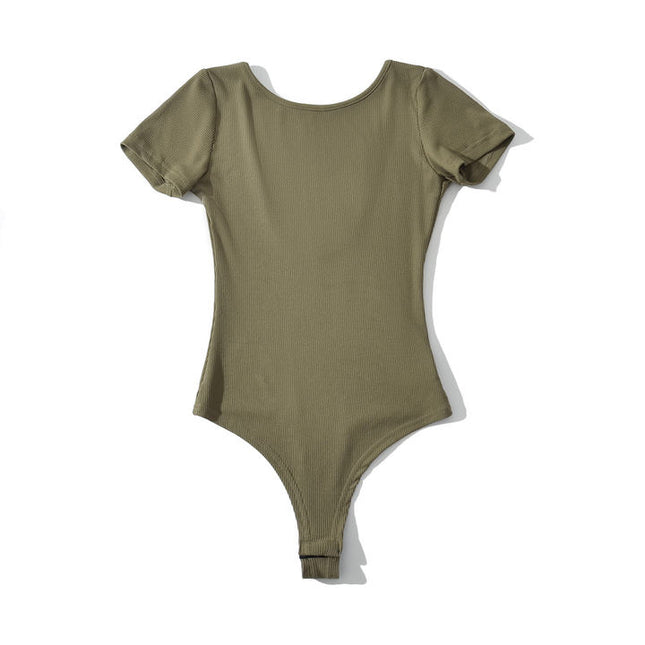 4 Colorway Solid Color Short Sleeve Knitted Crew Neck Back Hollow Out Casual Women Modest One Piece Jumpsuit