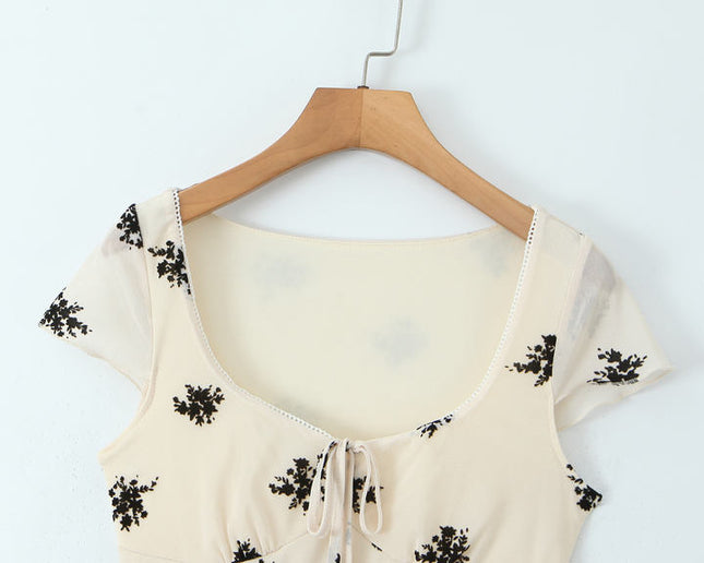 Square Collar Floral Print Beige Color Short Sleeve Casual Fashion Mini Summer Dress for Ladies