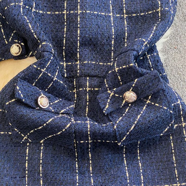 Autumn and Winter Temperament Long Sleeved Tweed Jacket With Waistband Vest and Buttocks Wrapped Dress Two Piece Set