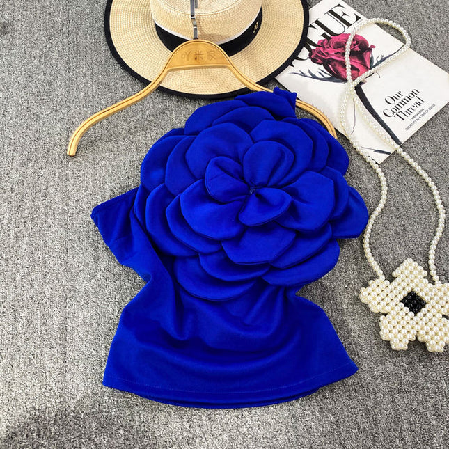Estereoscópico Grande Flor Slant Pescoço Um Ombro Halter Vest Mulheres Outer Backless Top