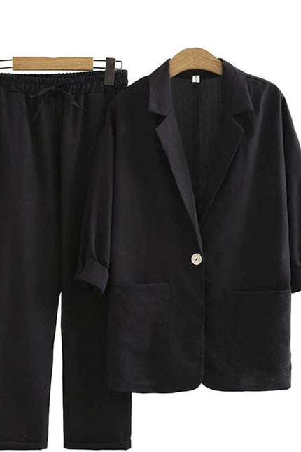 Ladies Cotton Linen 2 Piece Suit Jacket Pants Autumn Loose Fashion Casual Suit Top Set