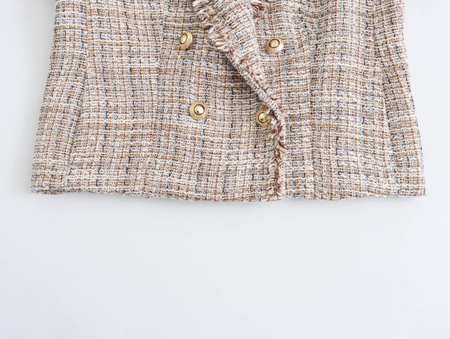 3 Colorway Notched Collar Long Sleeve Double Breasted Casual Fashion Tweed Jacket blazer for Women