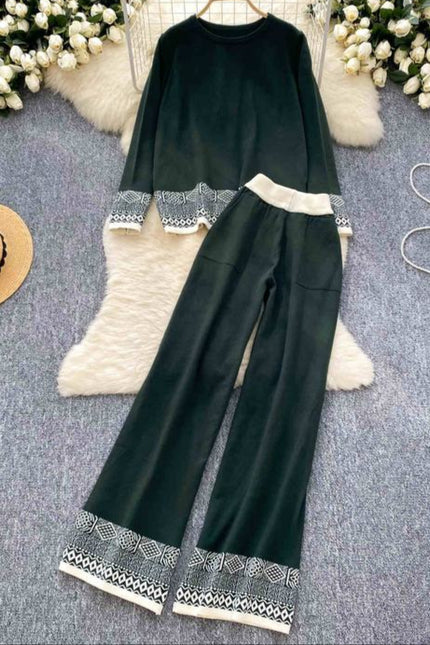 Women Fashion Round Neck Long Sleeve Jacquard Knit Top High Waisted Wide Leg Pants Casual Set