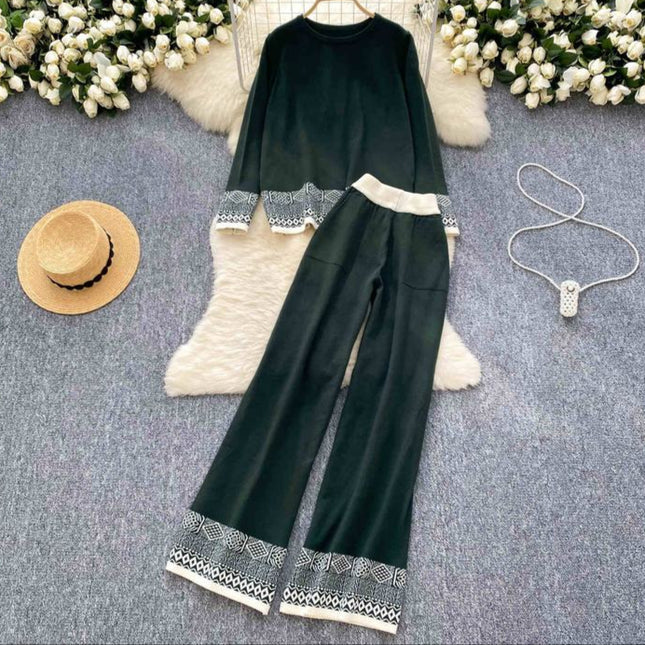 Women Fashion Round Neck Long Sleeve Jacquard Knit Top High Waisted Wide Leg Pants Casual Set