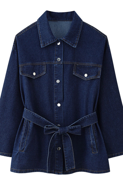 Denim Blue Color Sashes Long Sleeve Turn Down Collar Casual Fashion Jeans Jacket for Women