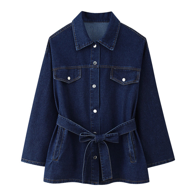 Denim Blue Color Sashes Long Sleeve Turn Down Collar Casual Fashion Jeans Jacket for Women