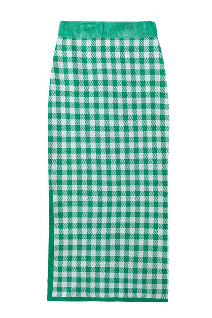 3 Colorway Plaid Pattern Spaghetti Strap Crop tank Top Long Knitted Skirt Casual Fashion Women 2 Piece Set
