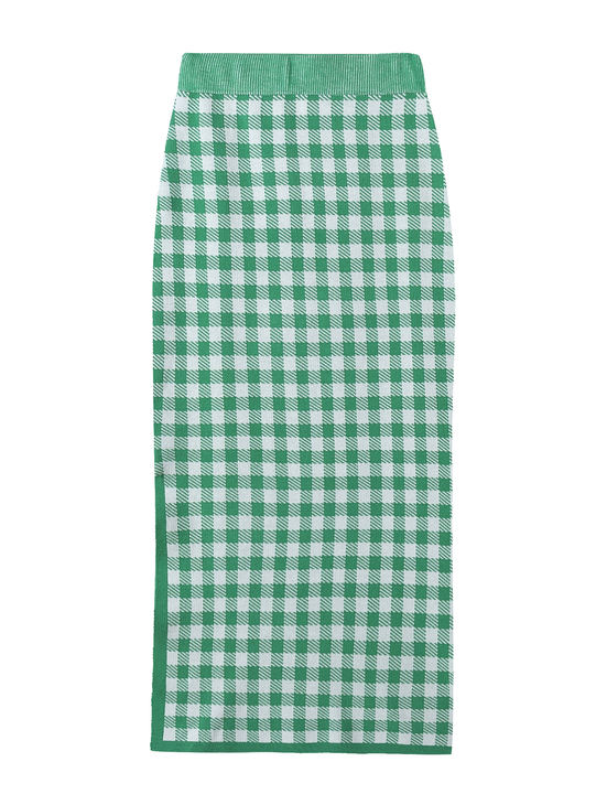 3 Colorway Plaid Pattern Spaghetti Strap Crop tank Top Long Knitted Skirt Casual Fashion Women 2 Piece Set