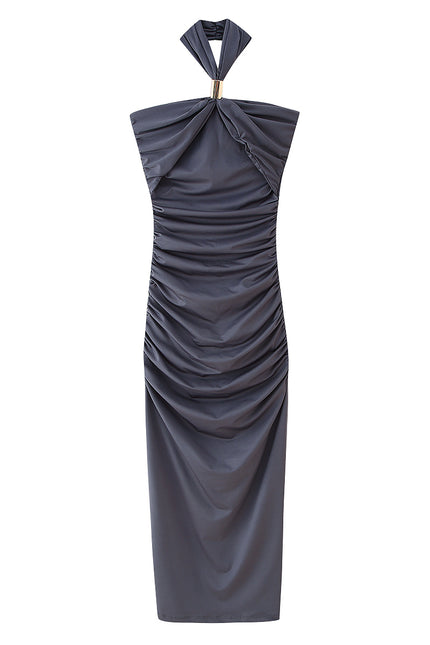 Gray Color Pleated Back Hollow Out Sleeveless Casual Fashion Long Dress for Women
