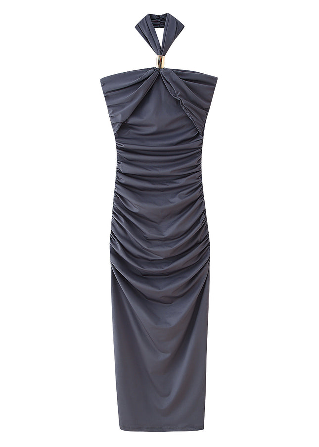 Gray Color Pleated Back Hollow Out Sleeveless Casual Fashion Long Dress for Women