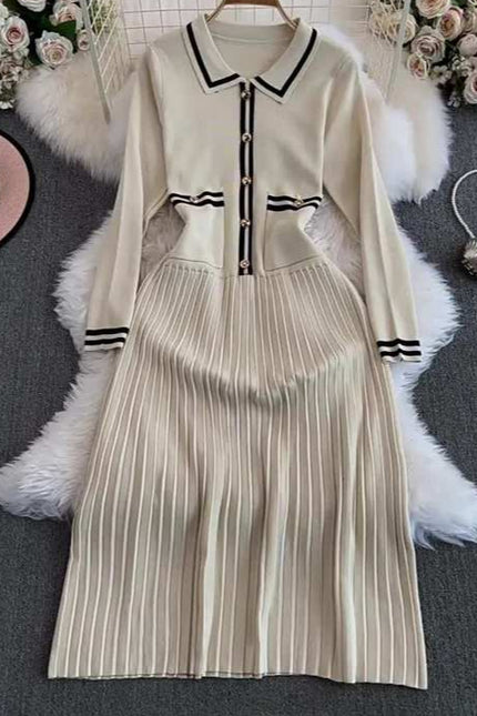 French Knit Dress Women'S Fall New Waist Senior Pleated Long Dresses