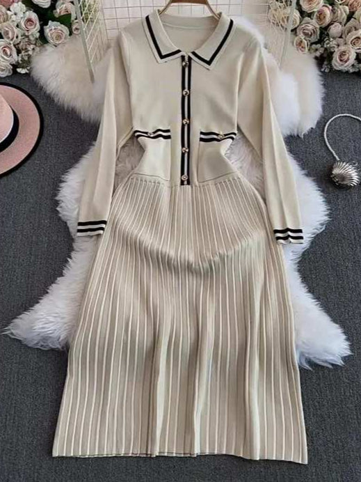 French Knit Dress Women'S Fall New Waist Senior Pleated Long Dresses