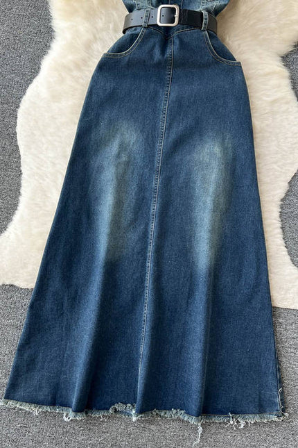 Style Temperament Slimming One Line Shoulder Chest Vintage Denim Large Swing A-Line Long Dress
