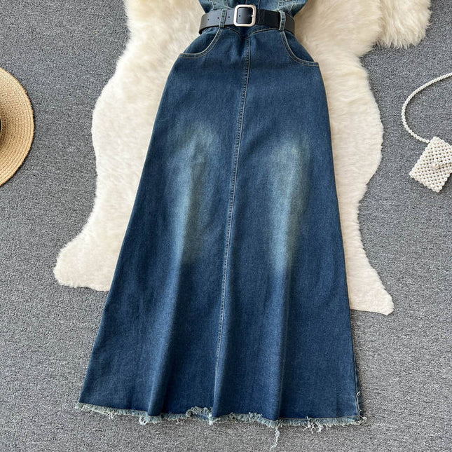 Style Temperament Slimming One Line Shoulder Chest Vintage Denim Large Swing A-Line Long Dress