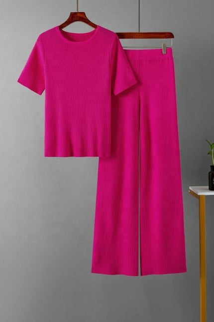 Summer New Spot High Elastic Solid Color Round Neck Knitted Short Sleeve Fashion Suit High Waist Two-piece Set