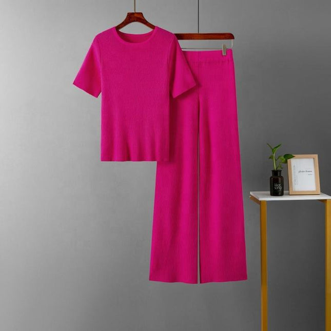 Summer New Spot High Elastic Solid Color Round Neck Knitted Short Sleeve Fashion Suit High Waist Two-piece Set