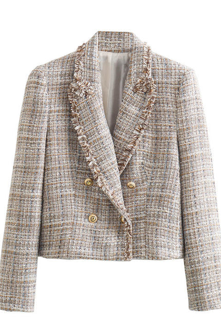 3 Colorway Notched Collar Long Sleeve Double Breasted Casual Fashion Tweed Jacket blazer for Women