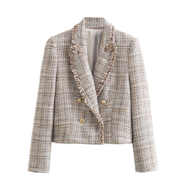 3 Colorway Notched Collar Long Sleeve Double Breasted Casual Fashion Tweed Jacket blazer for Women