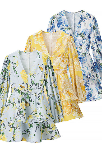 3 Colorway v Neck Long Sleeve Zipper Fly Floral Print Causal Fashion Mini Dress for Women