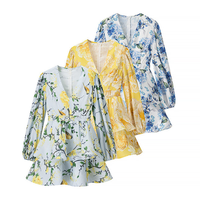 3 Colorway v Neck Long Sleeve Zipper Fly Floral Print Causal Fashion Mini Dress for Women