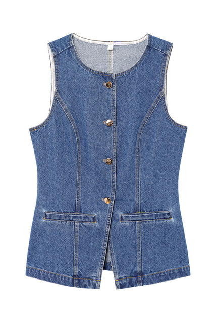 Crew Neck Buttons up Denim Blue Color Hot Sale Casual Fashion Jeans Vest Waistcoat for Women