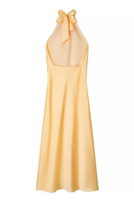 Back Hollow Out Beige Color Sleeveless Silky Casual Fashion Long Satin Halter Dress for Women