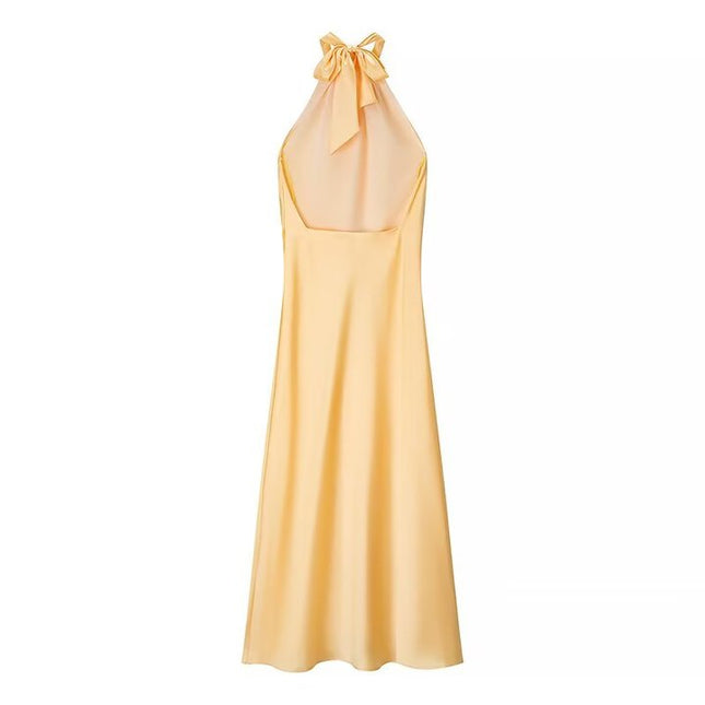 Back Hollow Out Beige Color Sleeveless Silky Casual Fashion Long Satin Halter Dress for Women
