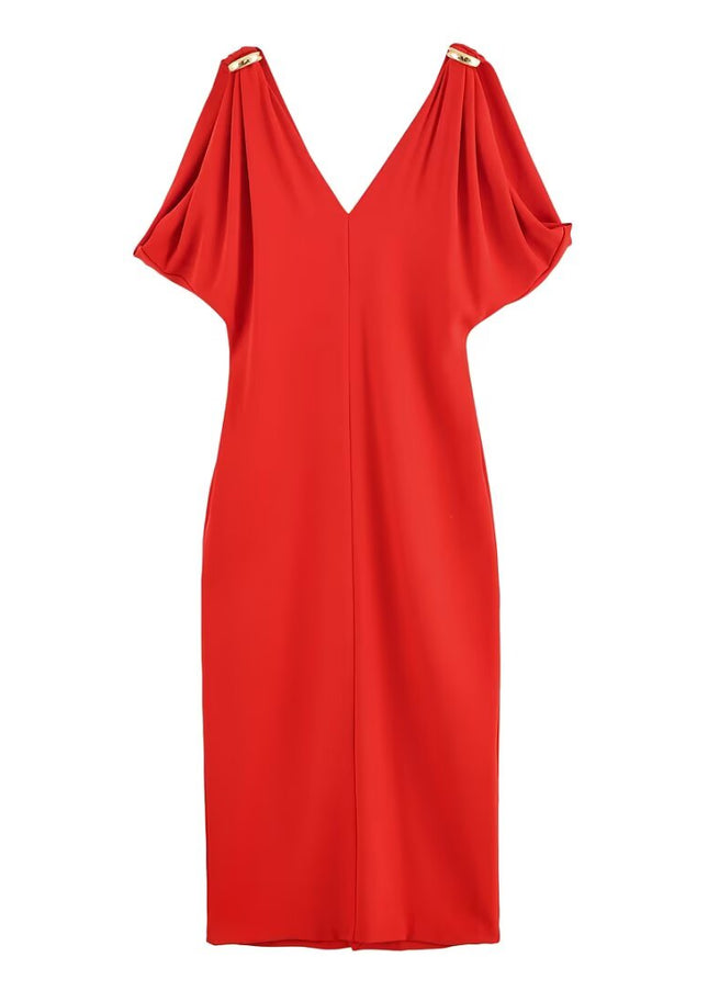 V Neck Red Color Short Sleeve Casual Fashion Summer Dress for Women