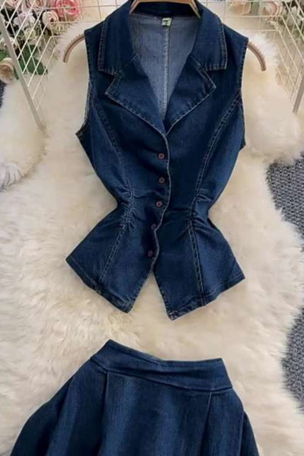 Set of Women's Summer Light Mature Style Pleated Waist Denim Top+high Waist Slimming Skirt