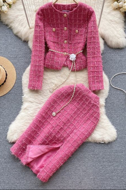 New Women's Winter Luxury Suit Long Sleeve Cardigan Coat Split Mid Length Skirt Female Two Pieces Skirt Set